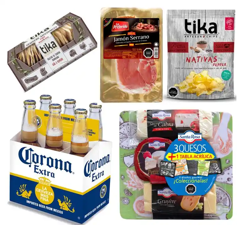 Artesanales Cerveza Corona, Tabla 3 Quesos, Jamon Serrano, Galletas Crackers Y Papas