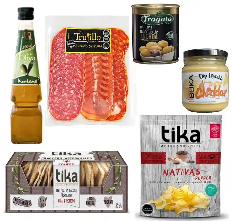 Surtido Serrano, Galletas Crackers, Papas Artesanales, Aceitunas, Salsa Y Aceite