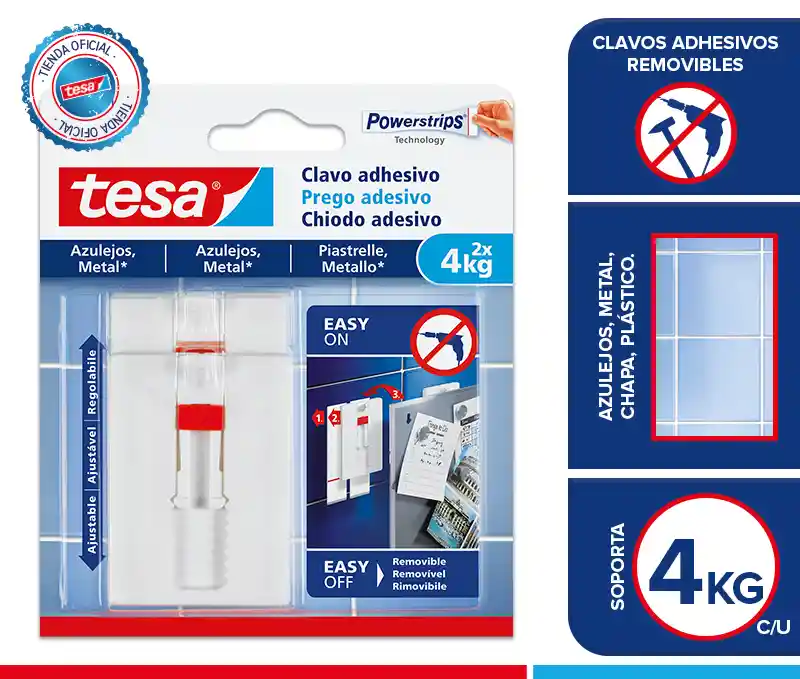 Tesa Clavo Adhesivo Ajustable Removiblesuperficie Lisa 4Kg