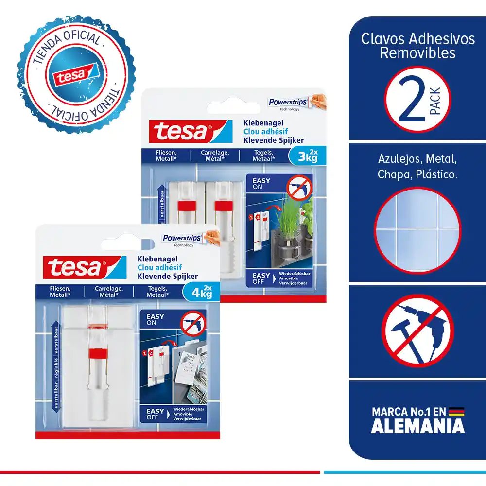 Tesa Pack 2 Clavo Adhesivo Ajustables Sup Lisa3Kg 4Kg