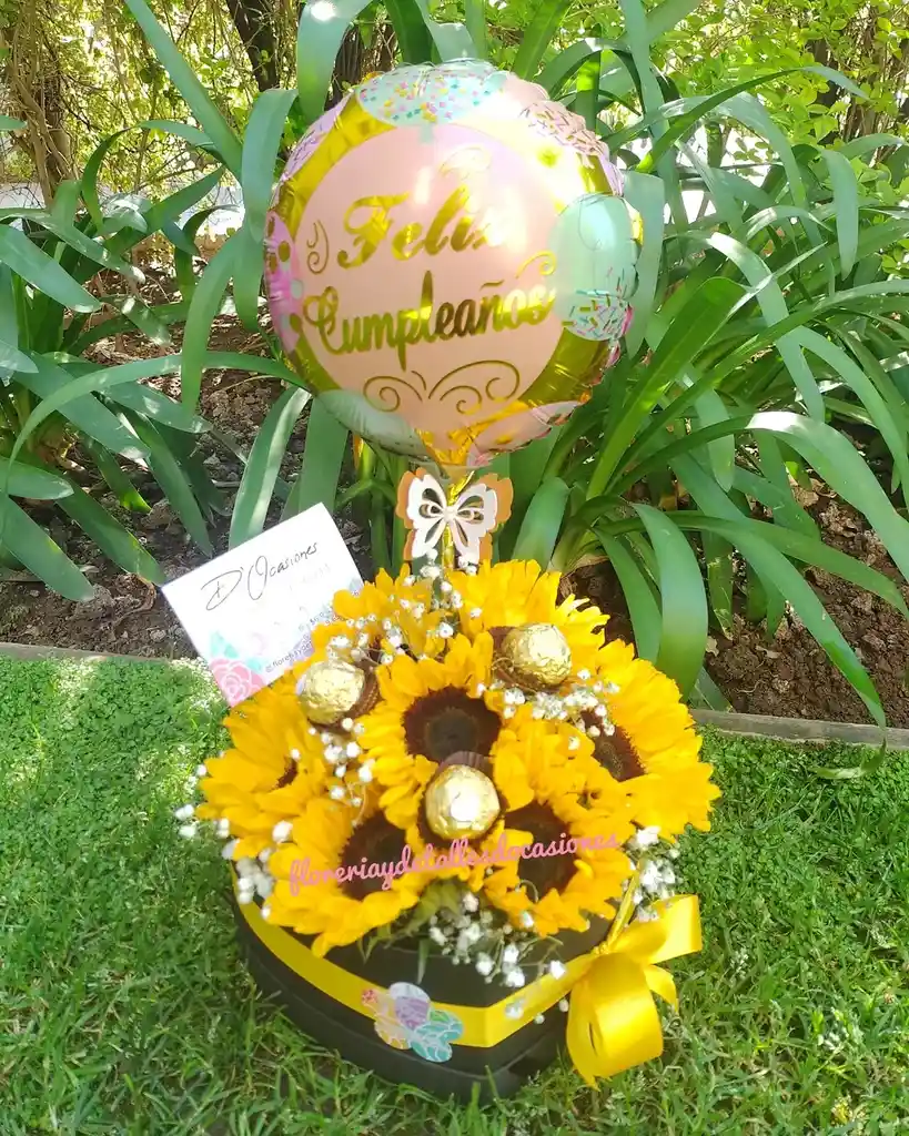 Caja Con Girasoles, Bombones Y Globo