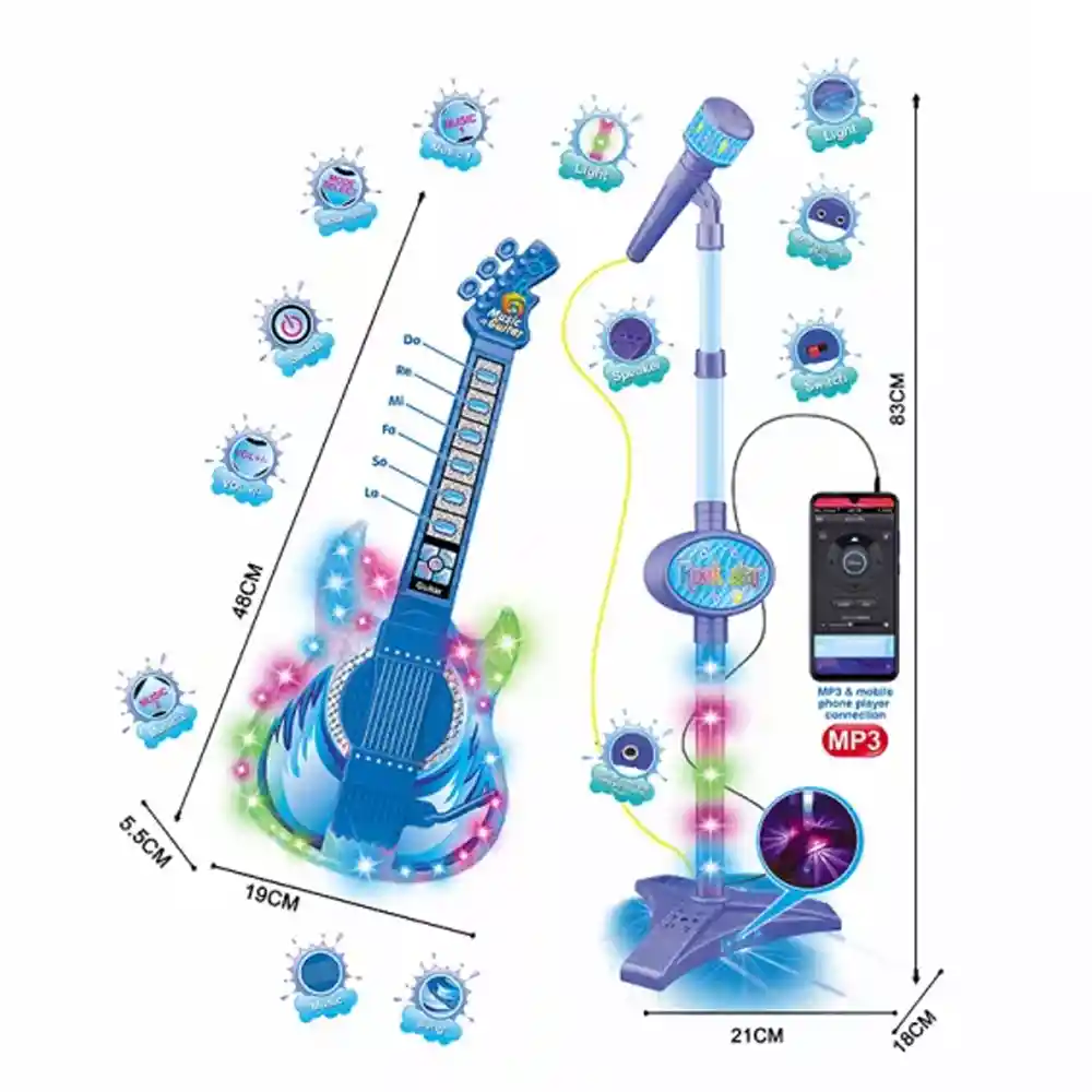Guitarra Musical De Juguete Con Micrófono Azul