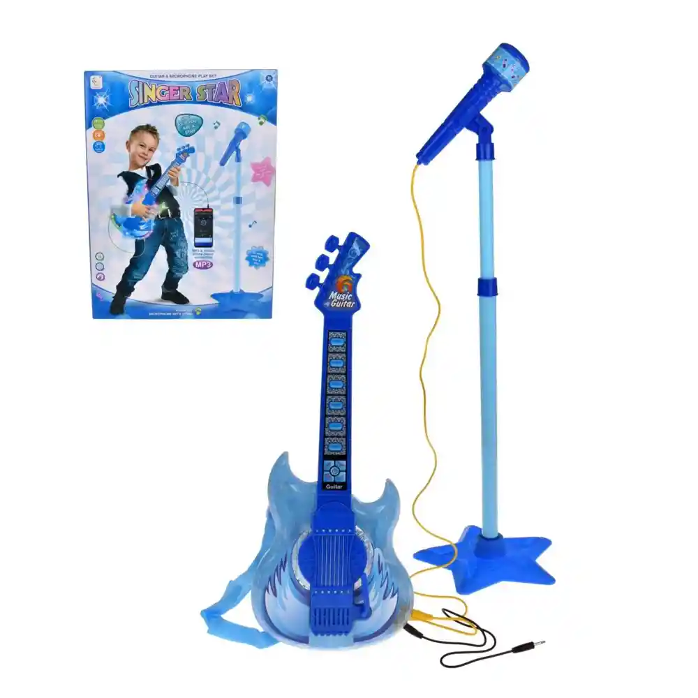 Guitarra Musical De Juguete Con Micrófono Azul