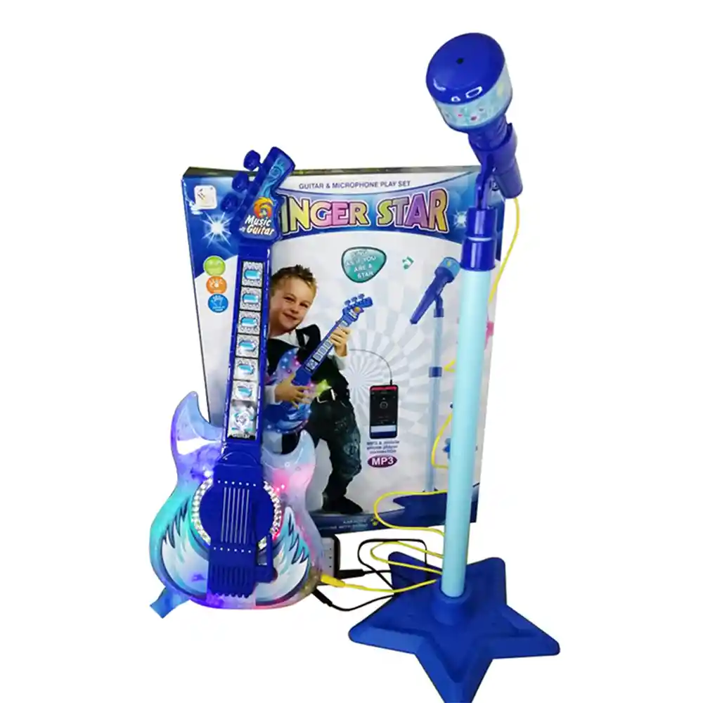 Guitarra Musical De Juguete Con Micrófono Azul