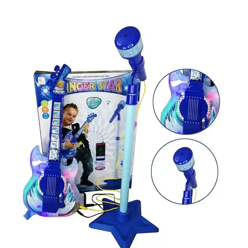 Guitarra Musical De Juguete Con Micrófono Azul