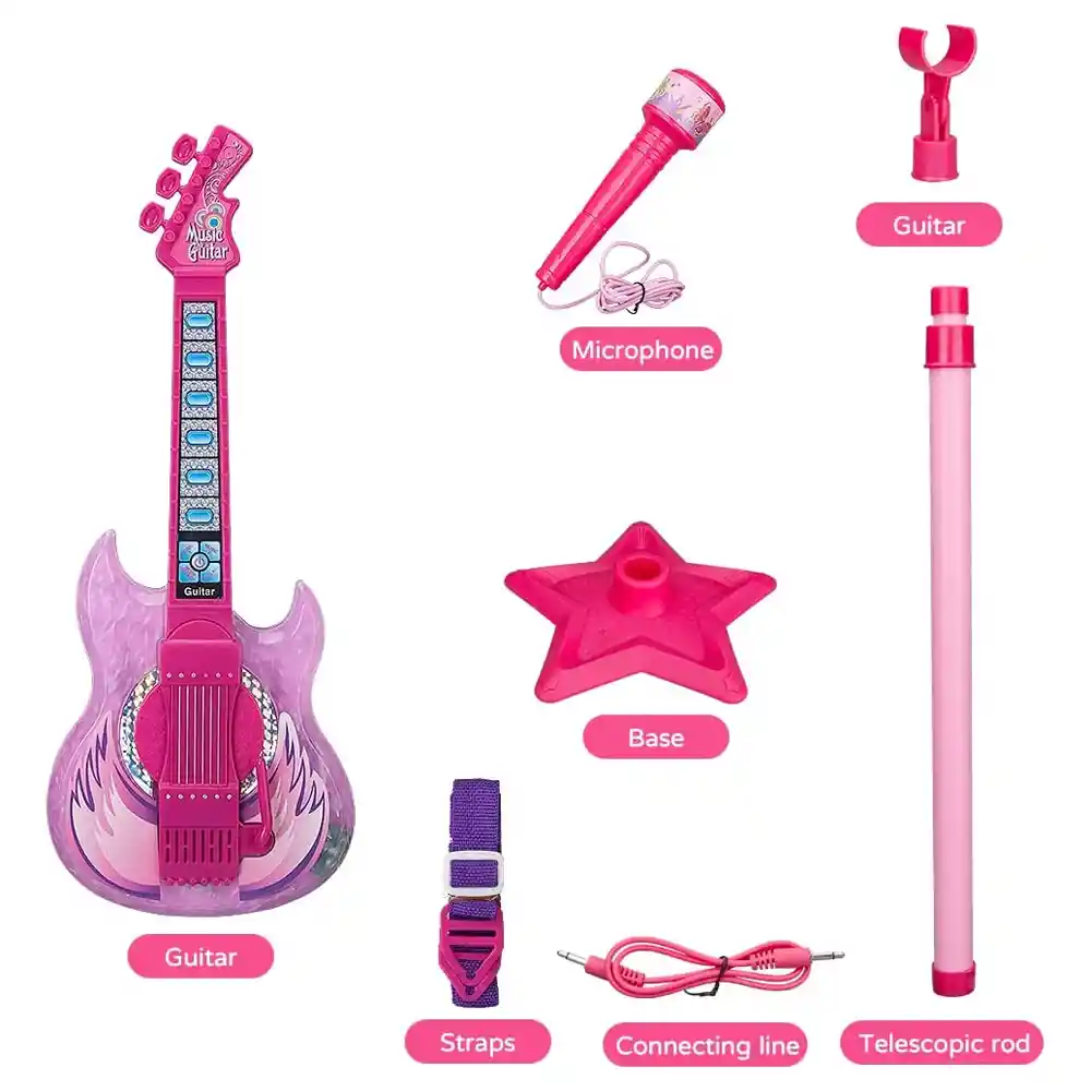 Guitarra Musical De Juguete Con Micrófono Rosada