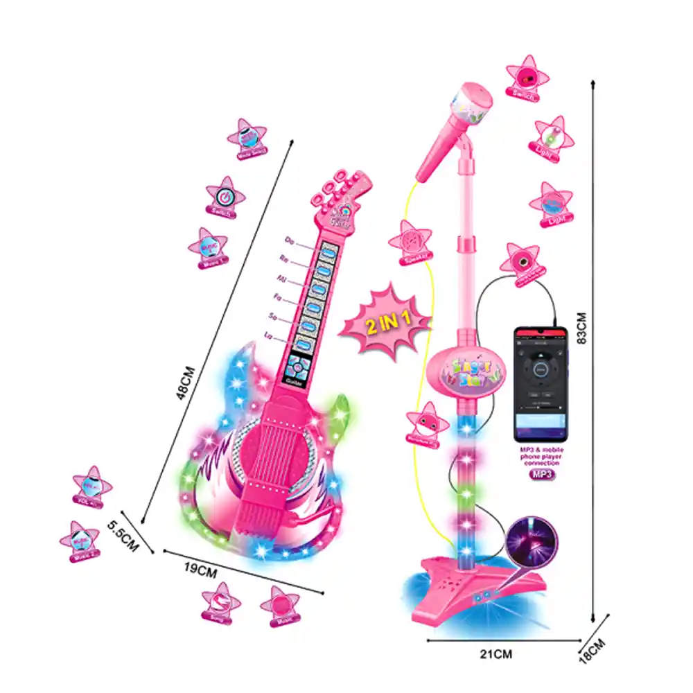 Guitarra Musical De Juguete Con Micrófono Rosada