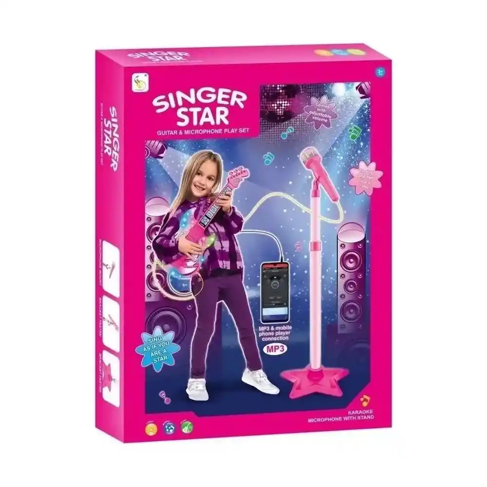 Guitarra Musical De Juguete Con Micrófono Rosada