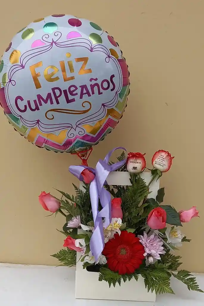 Bolsito Primavera Con 2 Rosas Grabadas Y Globo