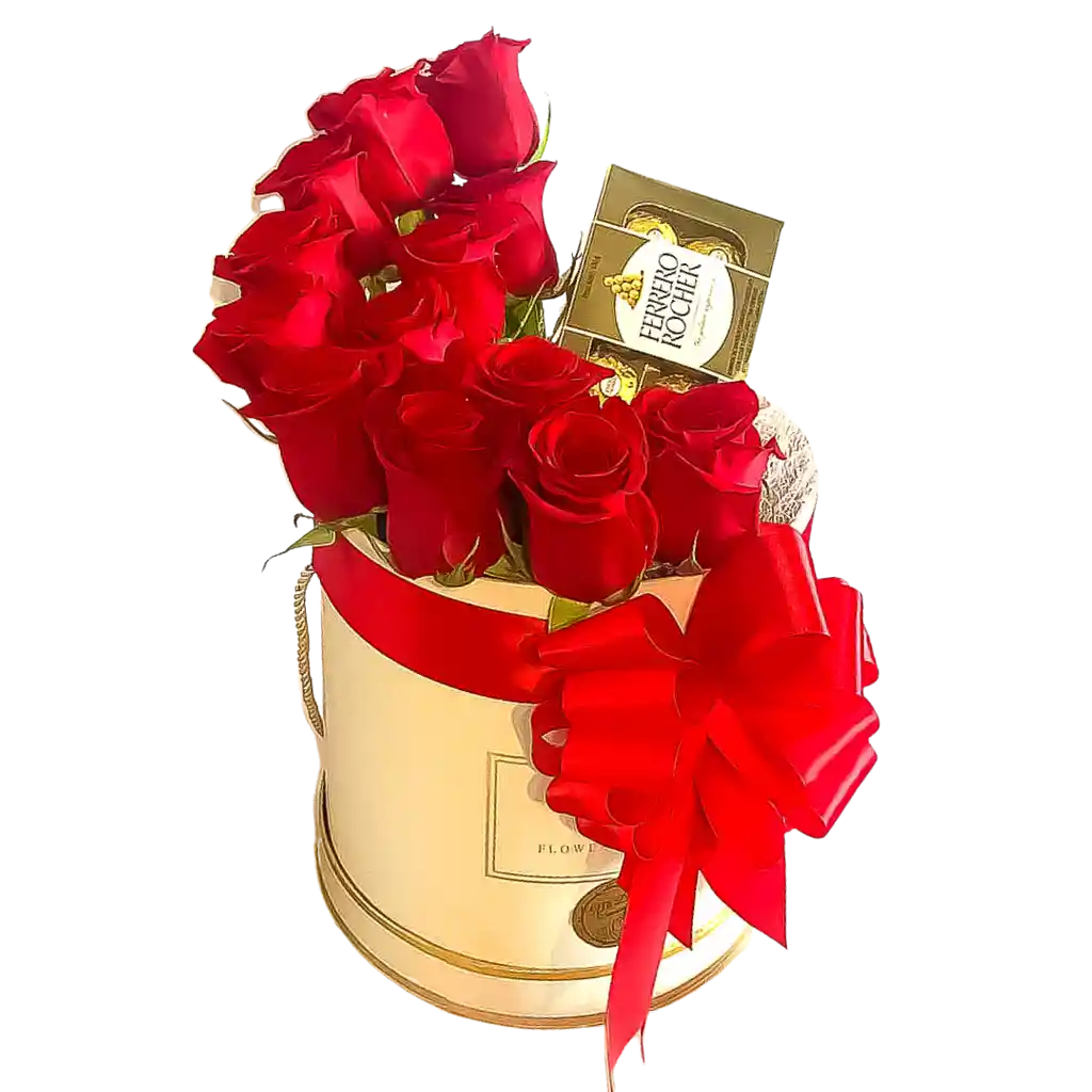 Bouquet De 15 Rosas Con Bombones En Caja