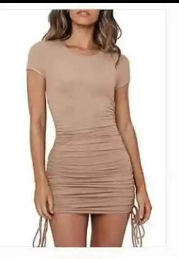 Vestido Arruchado Con Tira Ajustable Beige