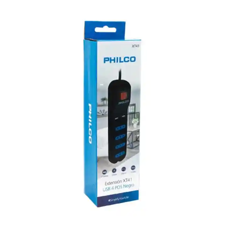 Alargador Extension Philco 4 Pos Y 2 Usb Negro