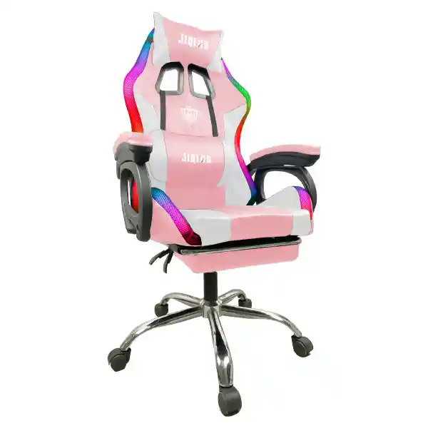 Silla Gamer Con Luces, Apoya Piernas, Reclinable, Masajeador Rosado