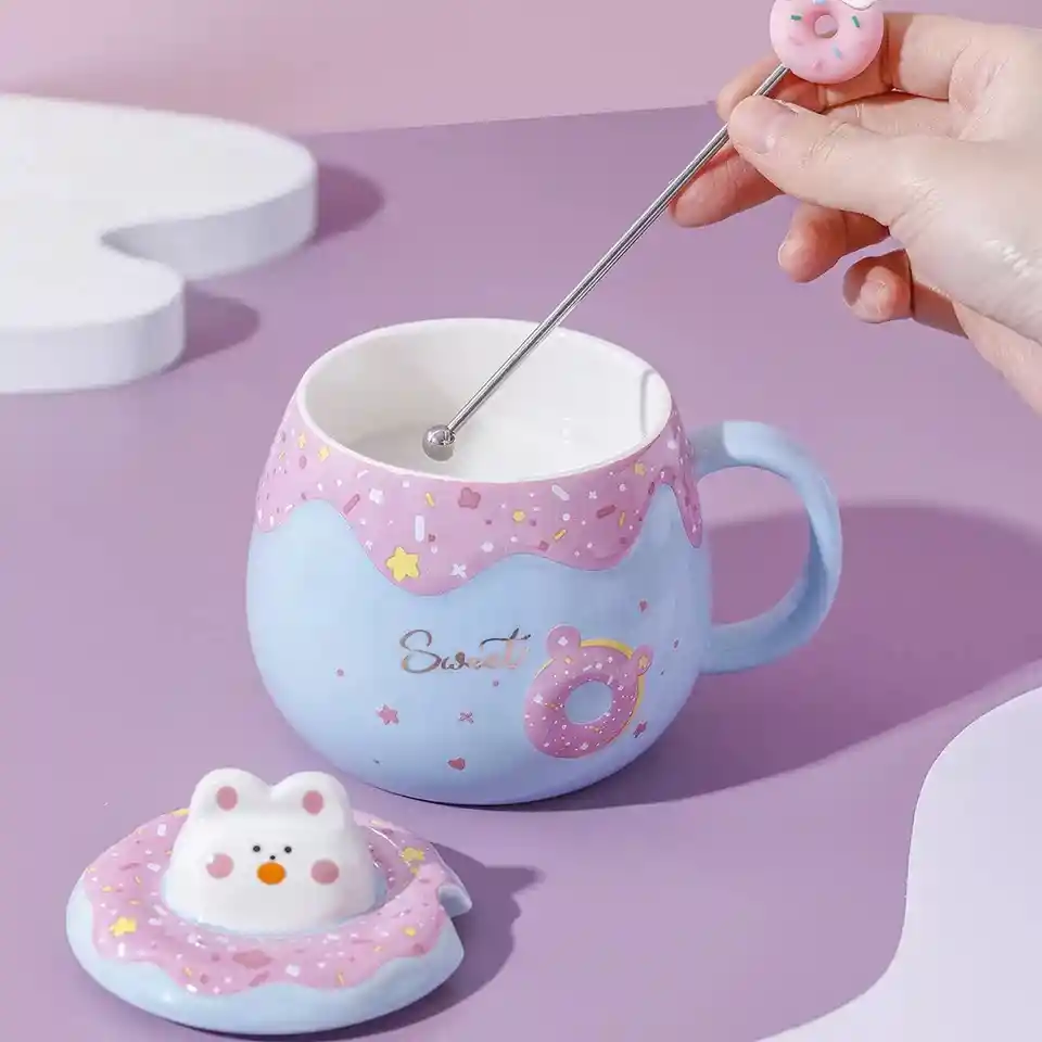 Taza De Gatitos Con Tapa Y Varita Diseño Donuts Celeste