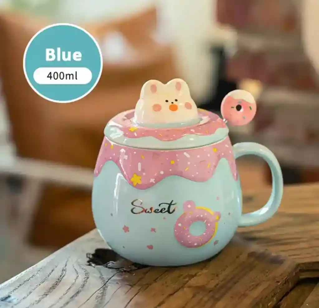 Taza De Gatitos Con Tapa Y Varita Diseño Donuts Celeste