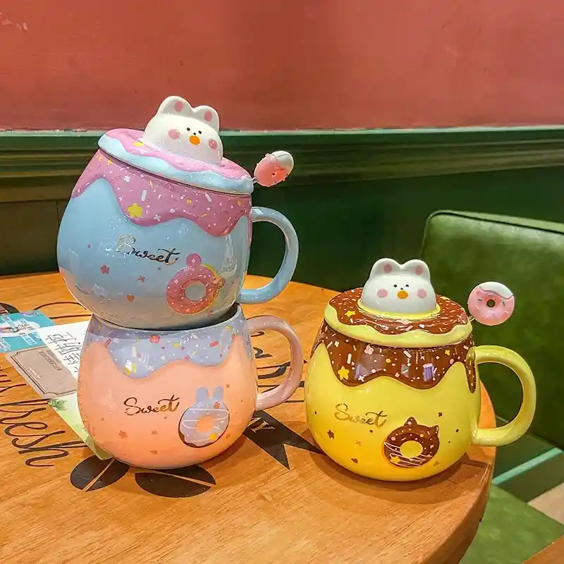 Taza De Gatitos Con Tapa Y Varita Diseño Donuts Celeste