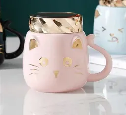 Taza De Diseño Cara De Gatitos Con Tapa Espejo Rosa