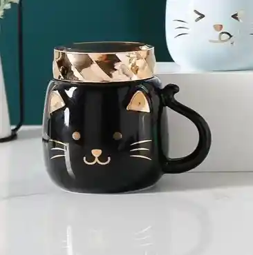 Taza De Diseño Cara De Gatitos Con Tapa Espejo Negro