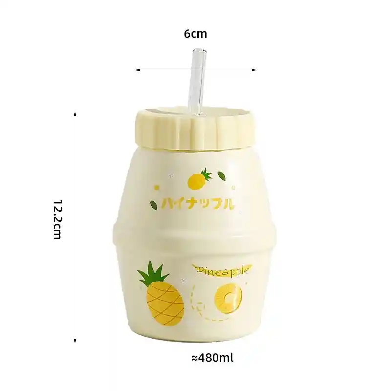 Taza Estilo Botella Leche Diseño Frutas Con Bombilla Piña