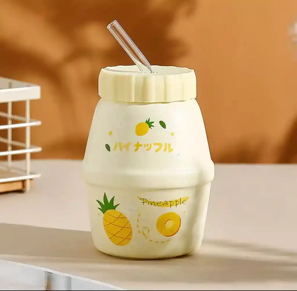 Taza Estilo Botella Leche Diseño Frutas Con Bombilla Piña