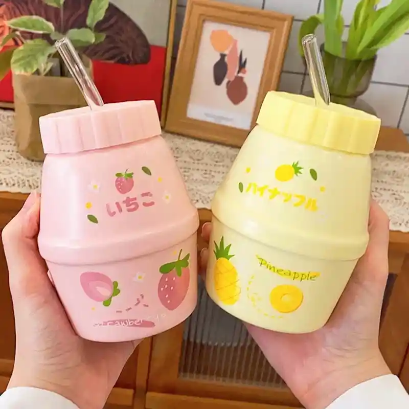 Taza Estilo Botella Leche Diseño Frutas Con Bombilla Piña