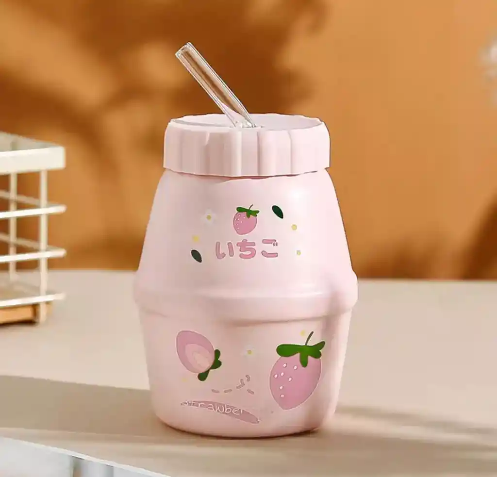 Taza Estilo Botella Leche Diseño Frutas Con Bombilla Frutilla