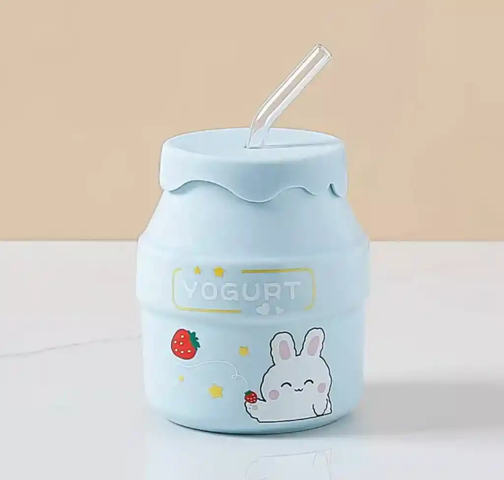 Taza Estilo Botella Leche Diseño Rabbit Con Bombilla Azul