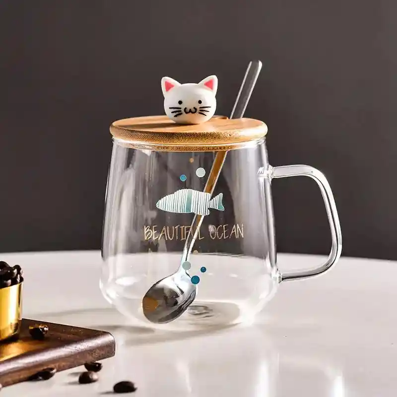 Taza De Vidrio Diseño Gatitos Peces Con Tapa De Madera