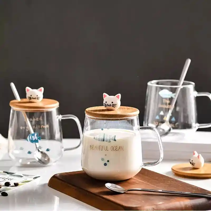 Taza De Vidrio Diseño Gatitos Peces Con Tapa De Madera