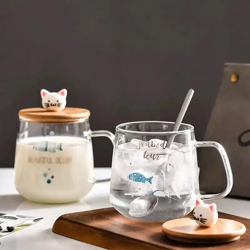 Taza De Vidrio Diseño Gatitos Peces Con Tapa De Madera Modelo B