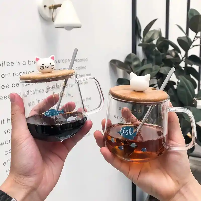 Taza De Vidrio Diseño Gatitos Peces Con Tapa De Madera Modelo B