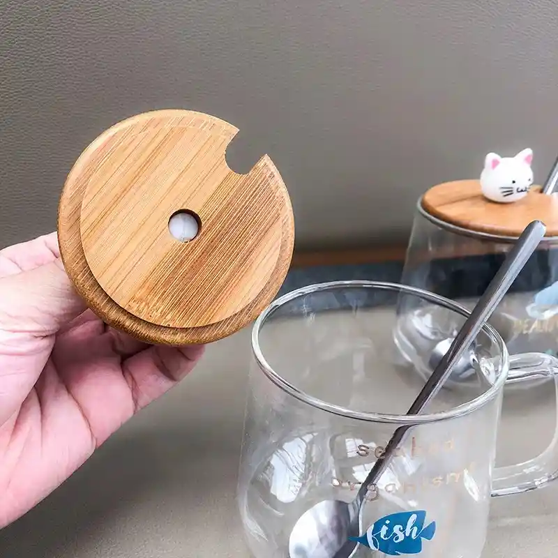 Taza De Vidrio Diseño Gatitos Peces Con Tapa De Madera Modelo B