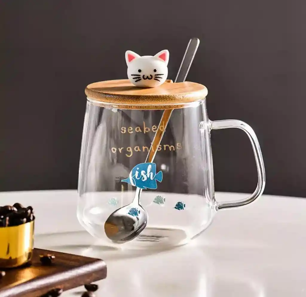 Taza De Vidrio Diseño Gatitos Peces Con Tapa De Madera Modelo C