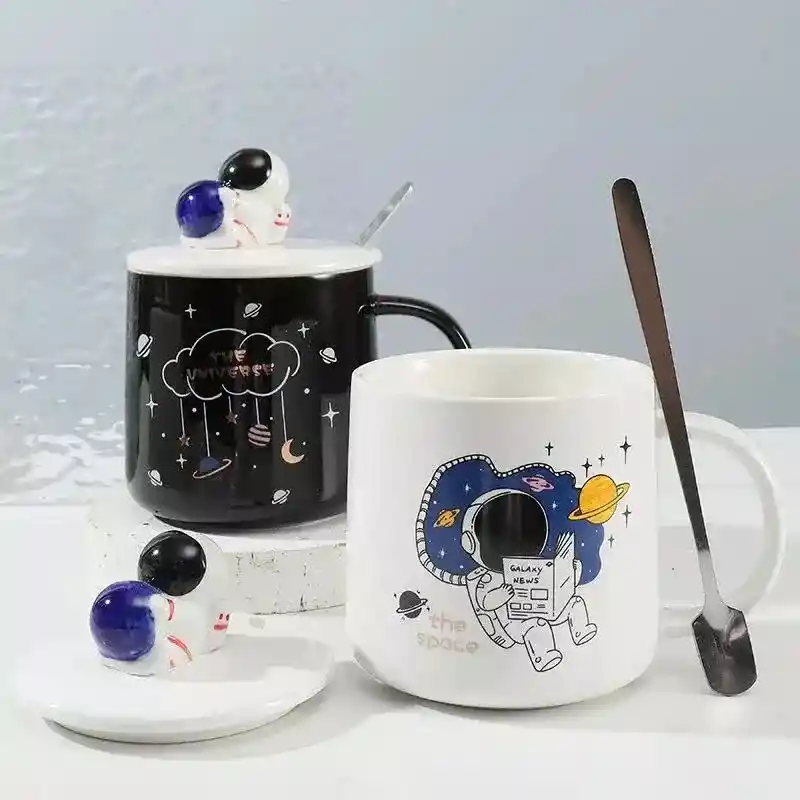 Taza De Cerámica Diseño Astronautas Con Tapa Blanco