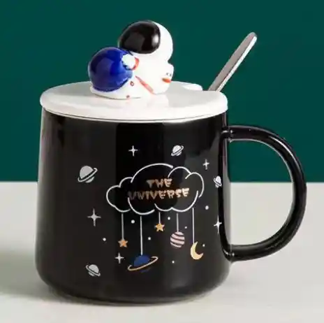 Taza De Cerámica Diseño Astronautas Con Tapa Negro