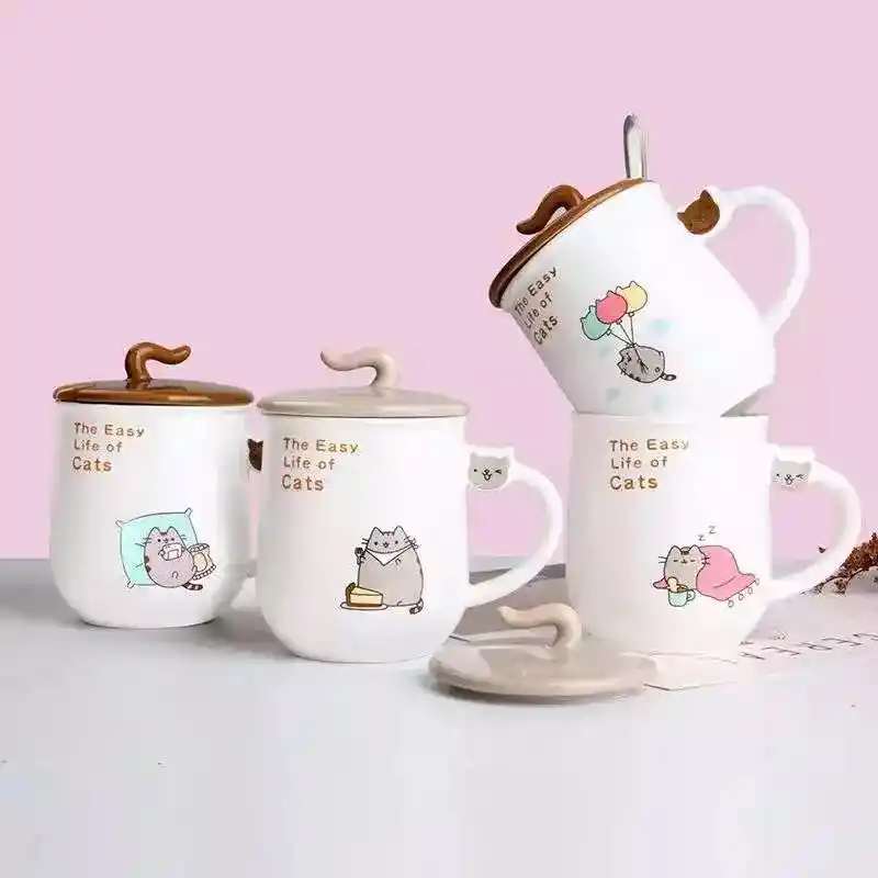 Taza De Cerámica Diseño Gato Pusheen Con Tapa Modelo A