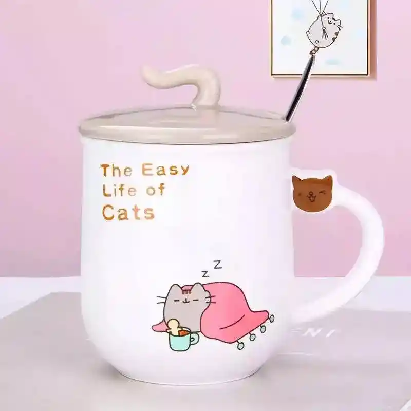 Taza De Cerámica Diseño Gato Pusheen Con Tapa Modelo B