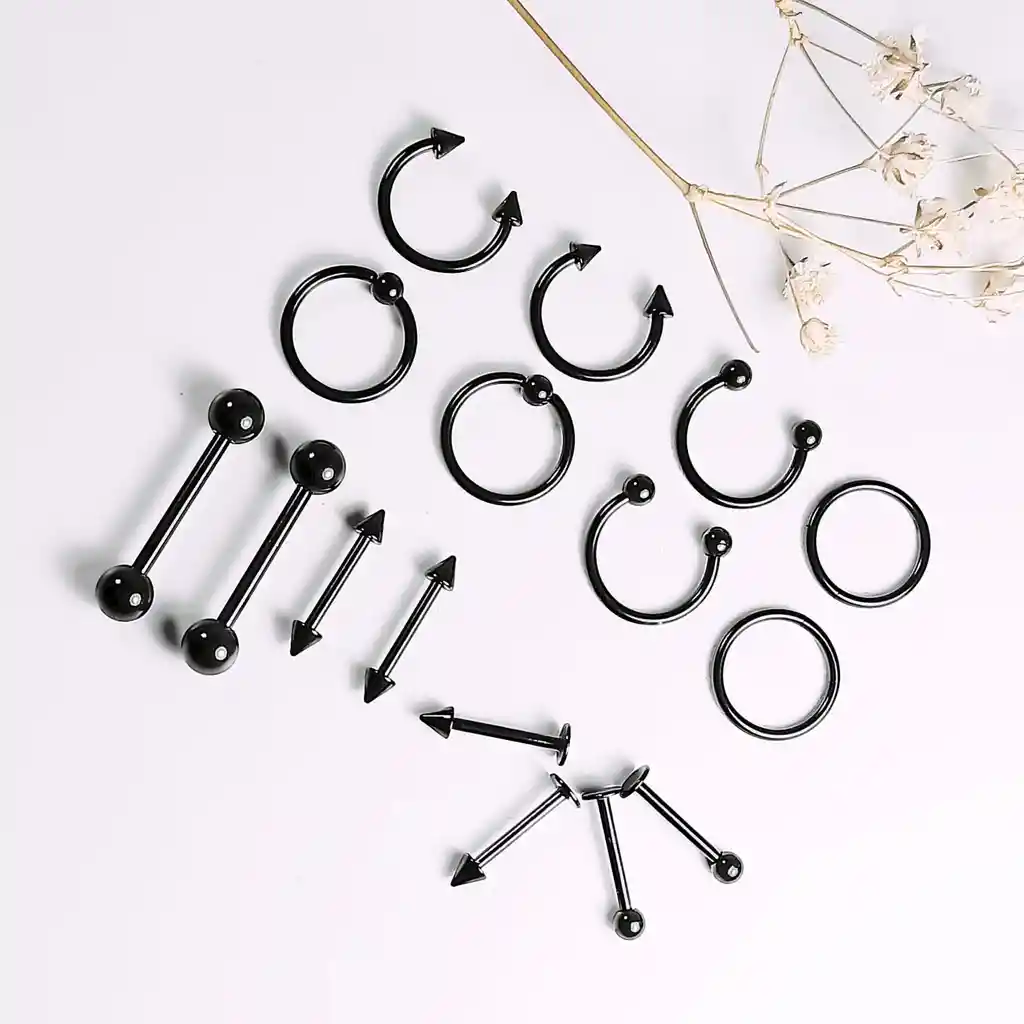 Pack 16 Piercing Set Tragus Septum Industrial Nostril Helix