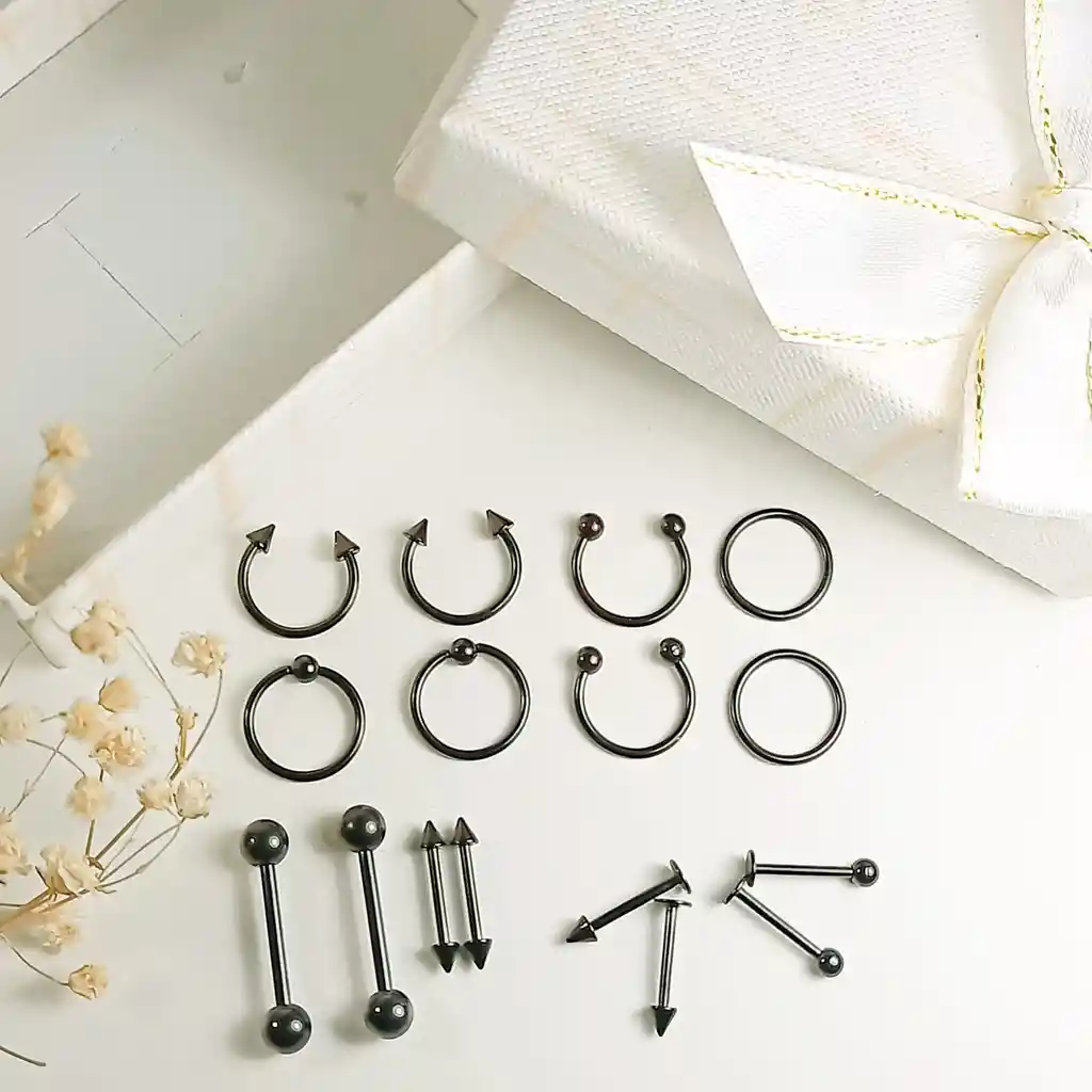 Pack 16 Piercing Set Tragus Septum Industrial Nostril Helix