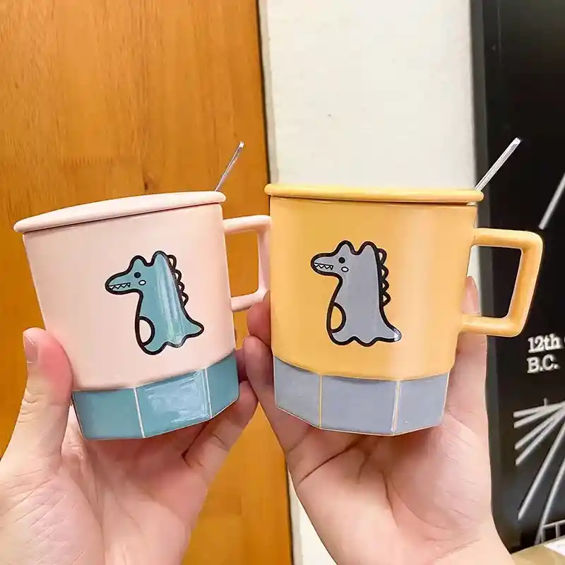 Taza De Cerámica De Colores Diseño Dino Con Tapa Amarillo