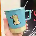 Taza De Cerámica De Colores Diseño Dino Con Tapa Celeste