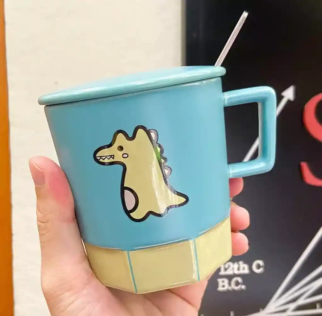 Taza De Cerámica De Colores Diseño Dino Con Tapa Celeste