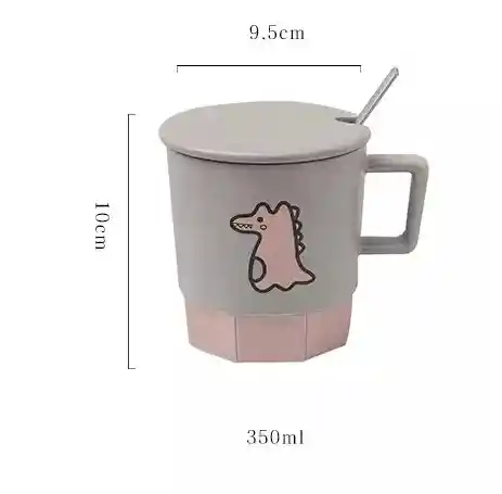 Taza De Cerámica De Colores Diseño Dino Con Tapa Gris