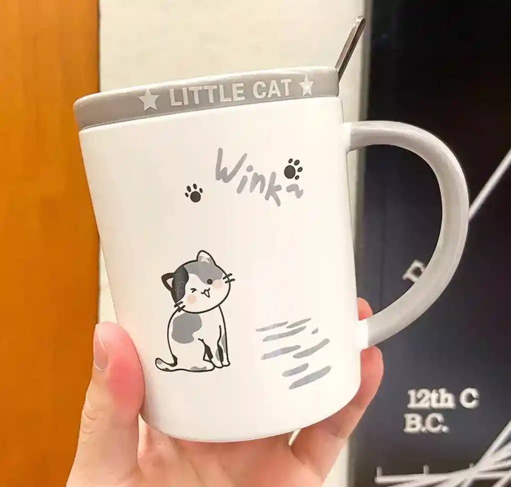 Taza De Cerámica Diseño Gatos Con Tapa Gris Modelo B