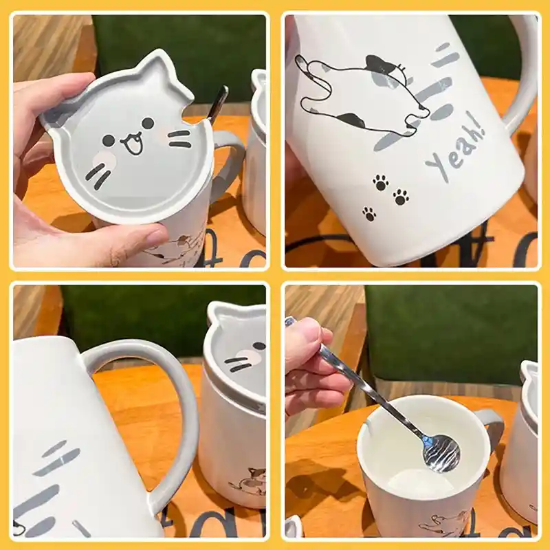 Taza De Cerámica Diseño Gatos Con Tapa Gris Modelo B