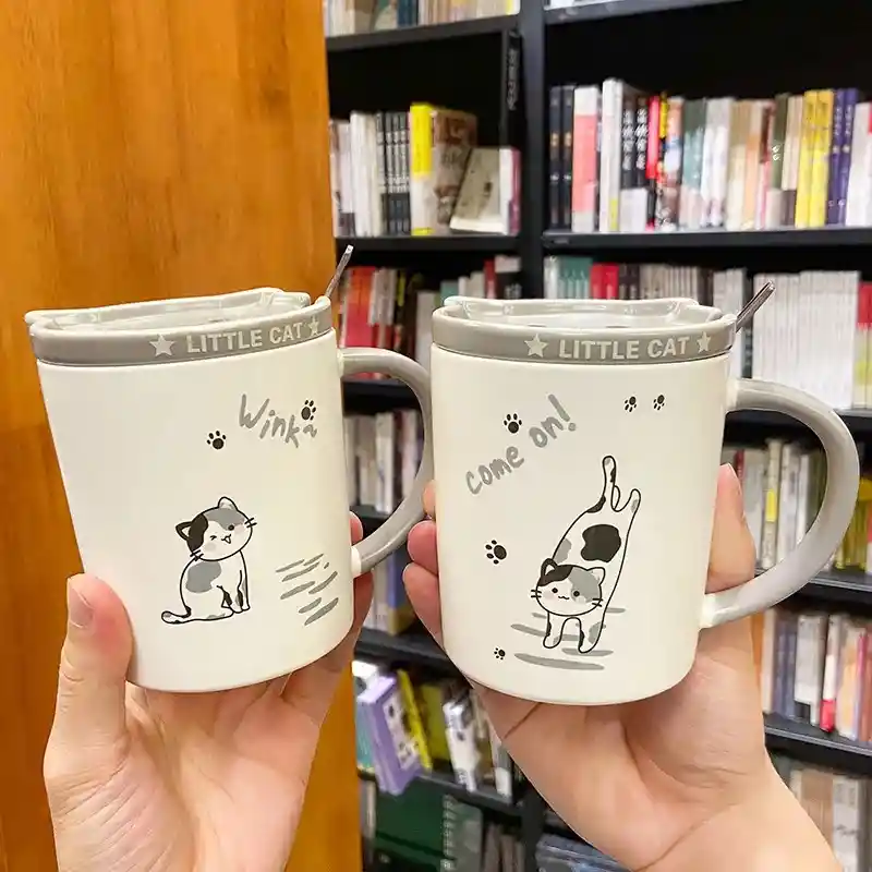 Taza De Cerámica Diseño Gatos Con Tapa Gris Modelo B