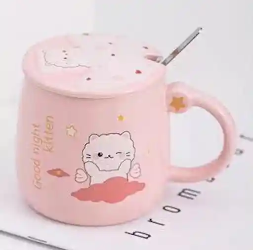 Taza De Gatitos Diseño Gatos Peludos Rosa Con Tapa Modelo B