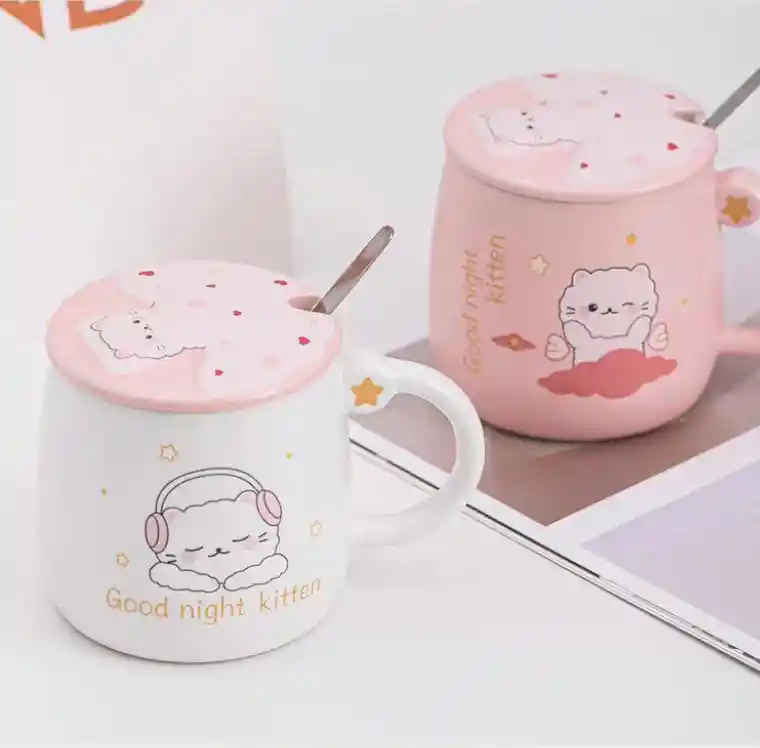 Taza De Gatitos Diseño Gatos Peludos Rosa Con Tapa Modelo B