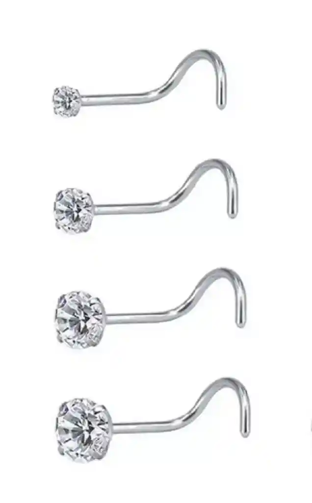 Set (04) De Piercing Acero Quirúrgico Zirconia Nariz Boca Oreja Forma Curva