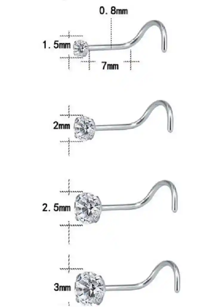 Set (04) De Piercing Acero Quirúrgico Zirconia Nariz Boca Oreja Forma Curva